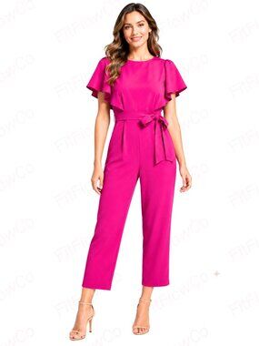 DKNY Fuchsia Cropped Wide Leg Flutter Sleeve Belted Jumpsuit Size 4